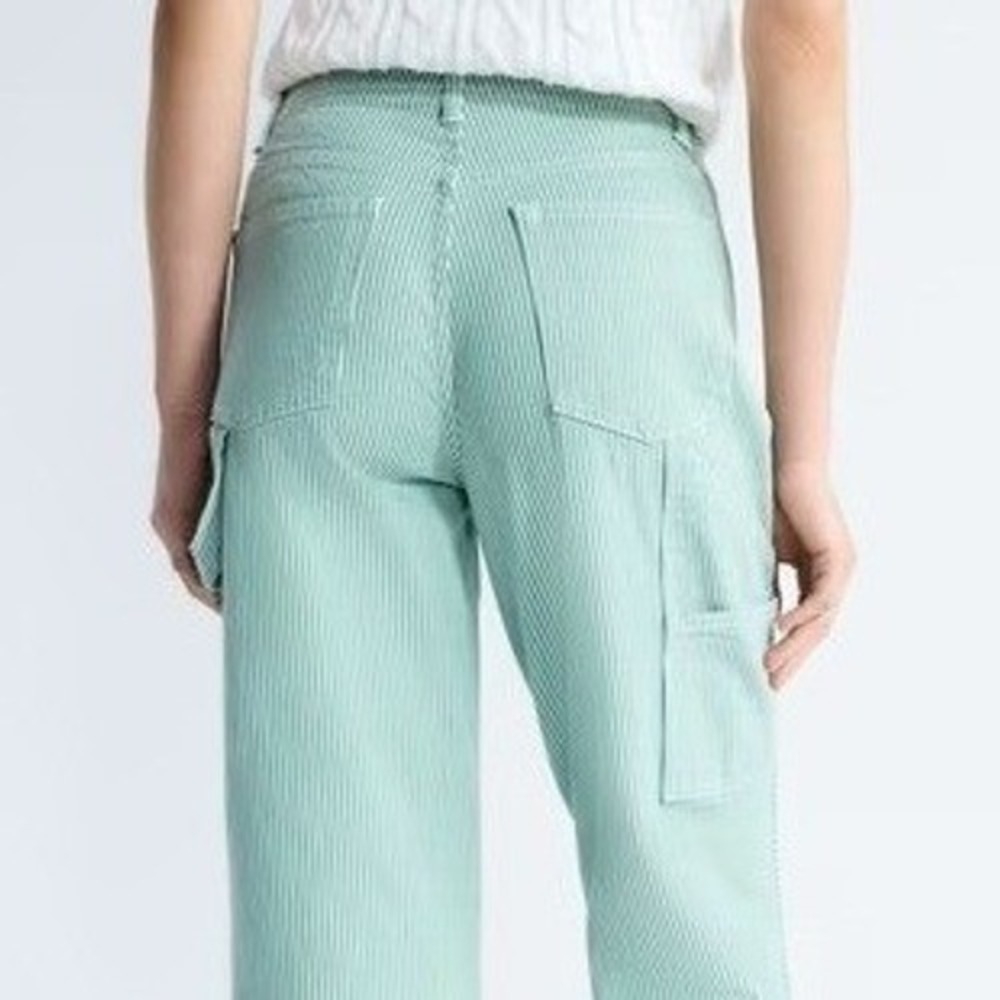 FREE ASSEMBLY Relaxed Fit Carpenter Jeans Sz 14 Green & White Striped Denim NWT - Picture 1 of 16